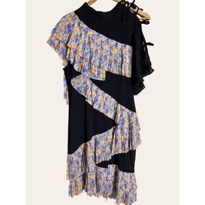 HAGAHI Navy Blue Pleated Floral Print Short Sleeve Asymmetrical Dress Size 6